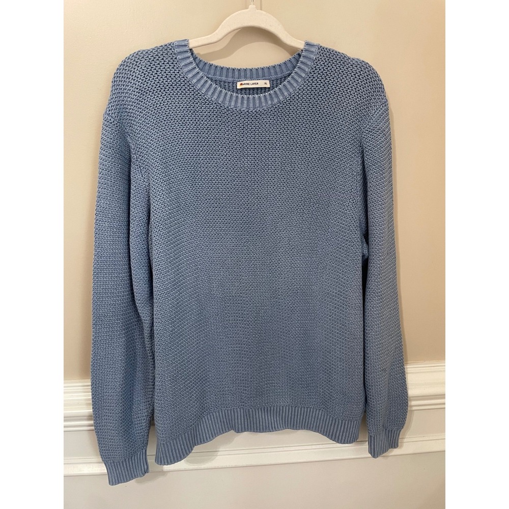 Marine Layer Mens Xl Blue Textured Cotton Crewneck Pullover Sweater
